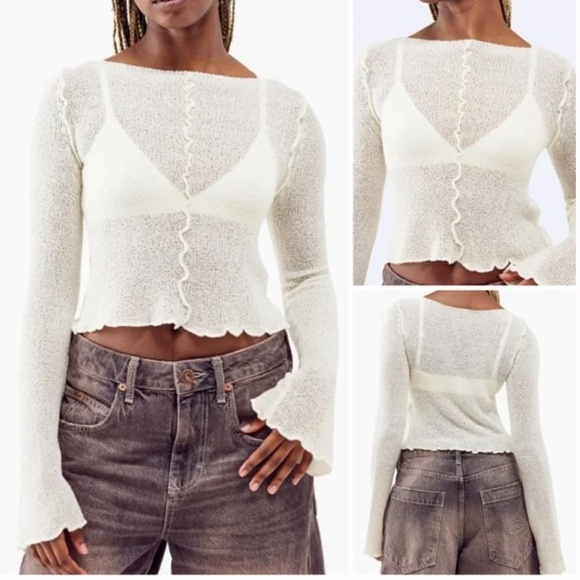 Urban Outfitters BDG Sheer Boatneck Lettuce Trim Bell Sleeve Sweater Small - Picture 1 of 12